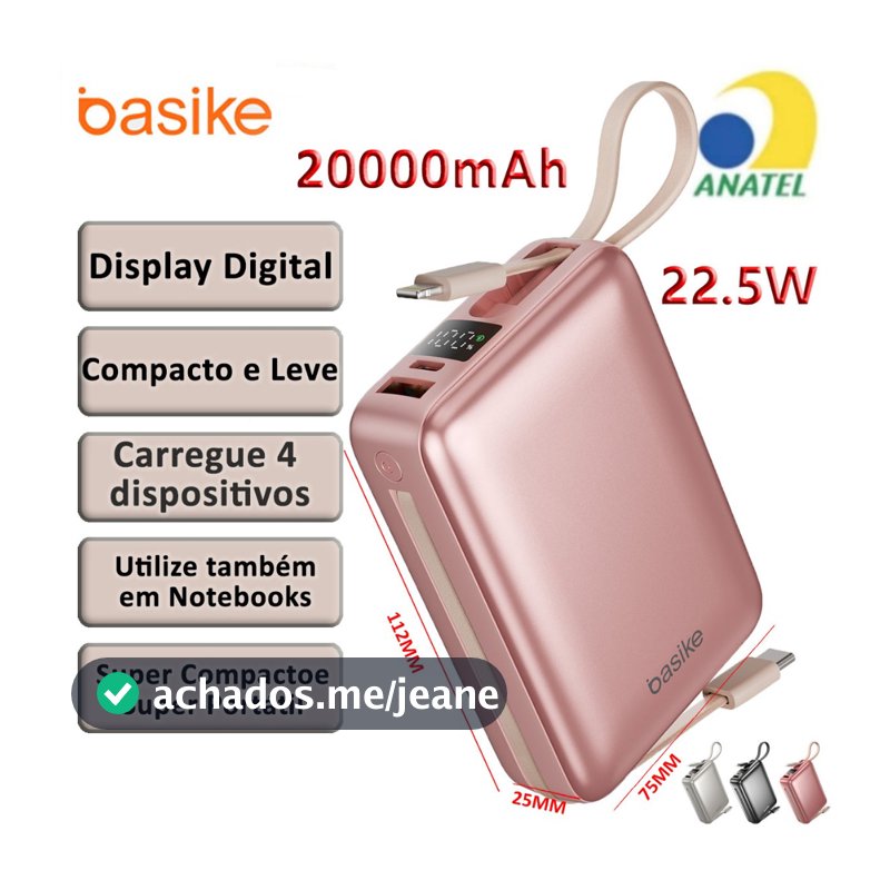 BASIKE 2026 Carregador Portátil 20000mAh - Carregamento Rápido 22.5W Power Bank Carregador Saída dupla