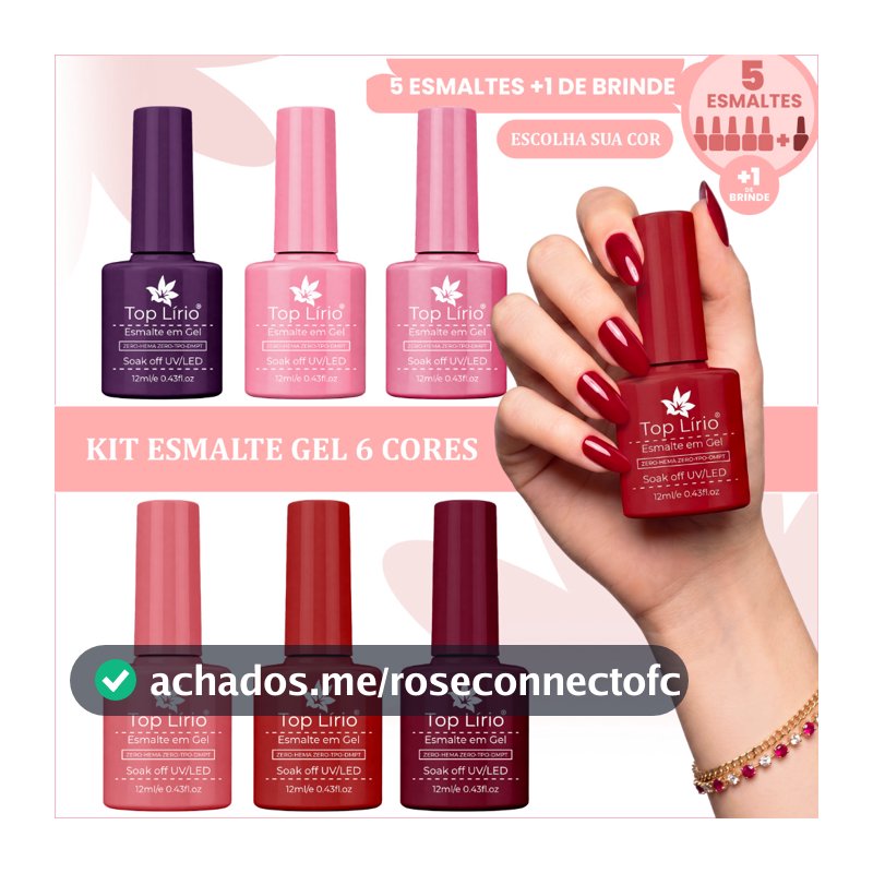 Kit 5 Esmaltes em Gel + 1 Esmalte Extra UV/LED 12ml Cores Sortidas para Unhas Zero HEMA