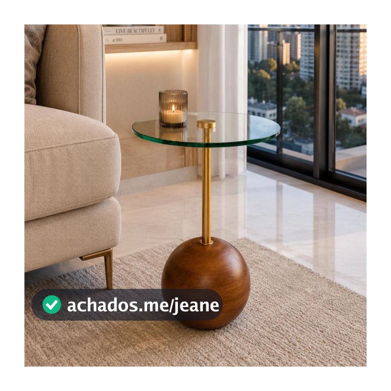 Mesa Lateral Moderna Premium Vidro e Madeira Maciça