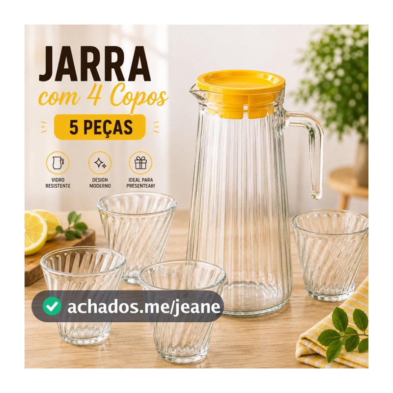 Jarra de Vidro com 4 Copos 5 Peças 820ml + Copos 260ml Tampa Colorida Amarela Transparente