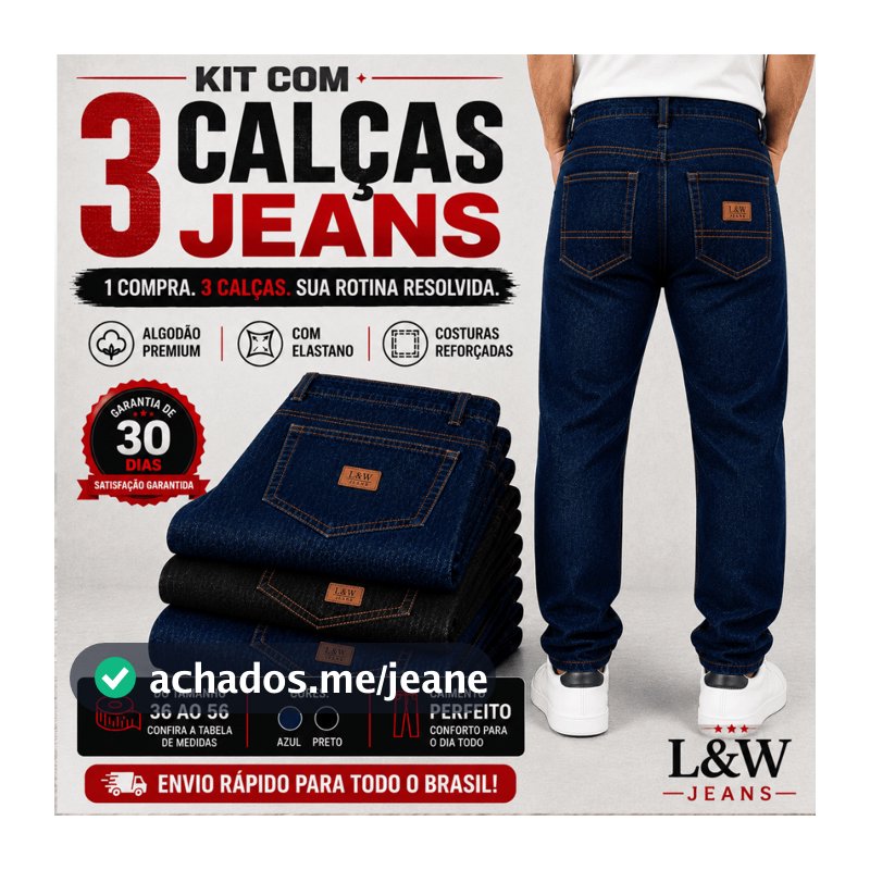Kit 3 calça jeans masculina Tradicional com Elastano – Azul e Preto para Trabalho e Rodeio