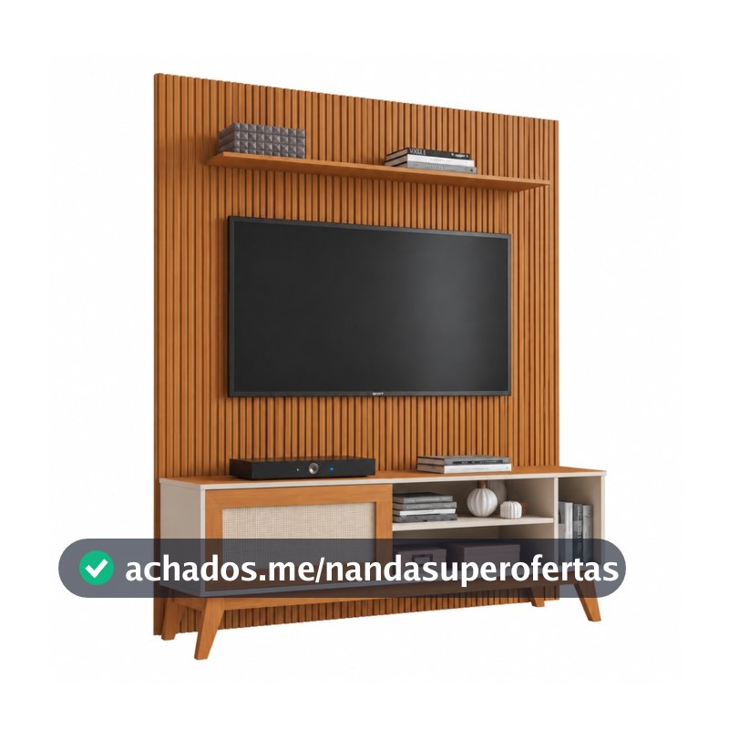 Rack Bancada Caribe Com Painel Para TV Até 55 Polegadas 1,35m Egeo Cedro/Off White Ripado Impressão 3D EDN