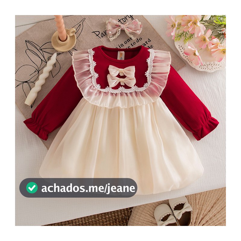 Vestido Vermelho De Manga Comprida Para Meninas , De Princesa De Chiffon Com Laço Recém-Nascidas De 0 A 2 Anos De Idade