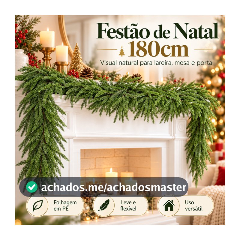 Festão de Natal 1,80m Verde Guirlanda Artificial Pinheiro Norfolk Decoração para Porta Mesa Lareira e Ambientes