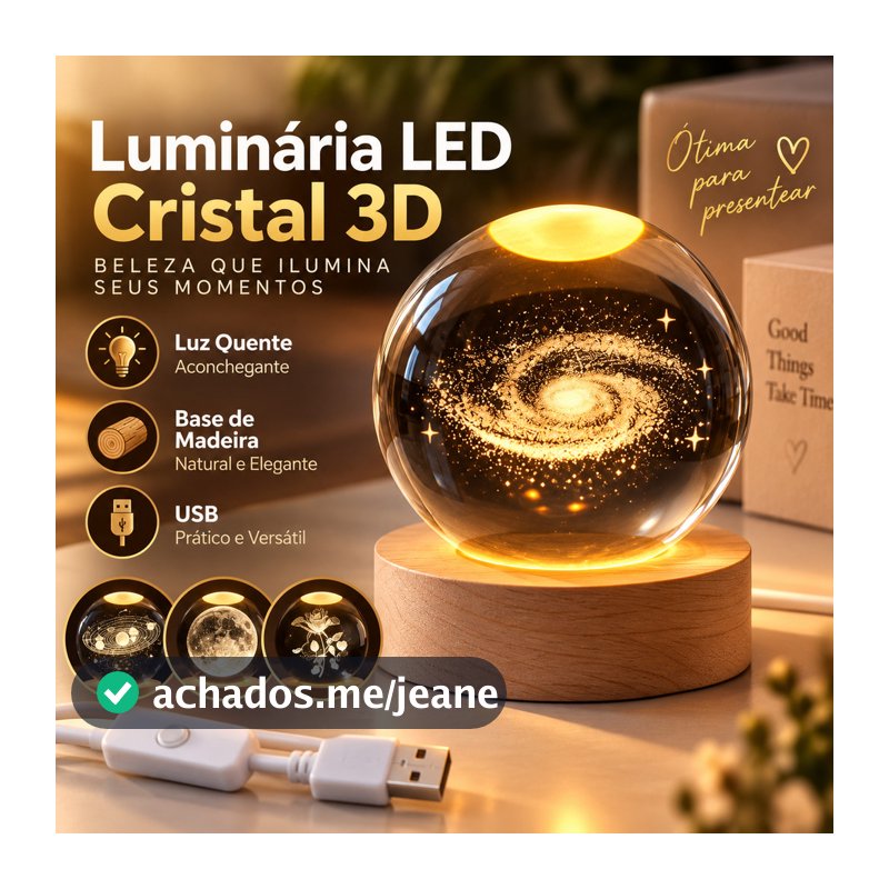 Luminária de Mesa LED Cristal Bola 3D Lua Via Láctea Abajur Decorativo USB Base Madeira para Quarto Sala Escritório