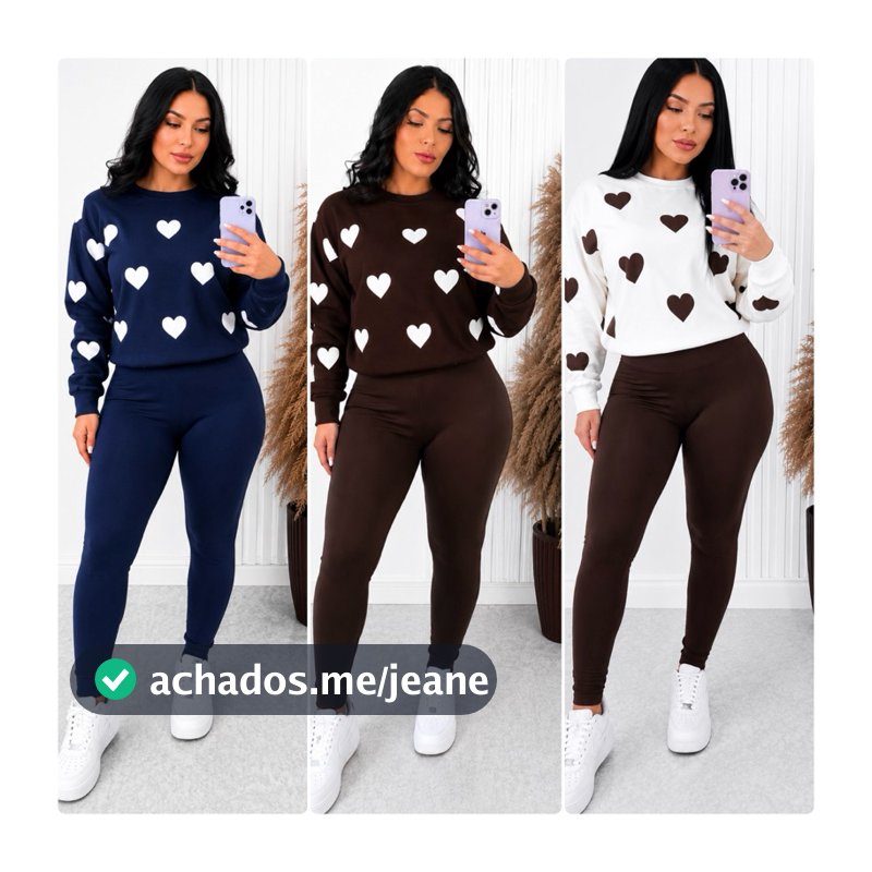 ❤️Conjunto  Feminino Corações Moletom Flanelado + Calça Legging Peluciada com Pezinho | Super Quentinho |Cós  altoo
