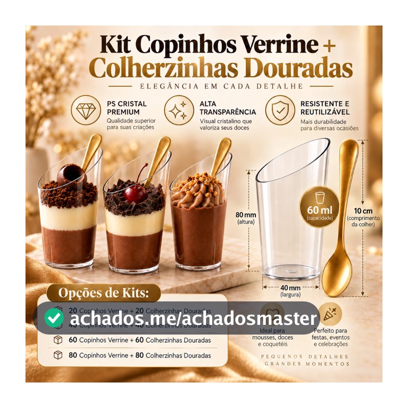 Kit Copinho Verrine 60ml + Colherzinha Dourada Sobremesa Acrílico Mousse Doces Festa Buffet Aniversário