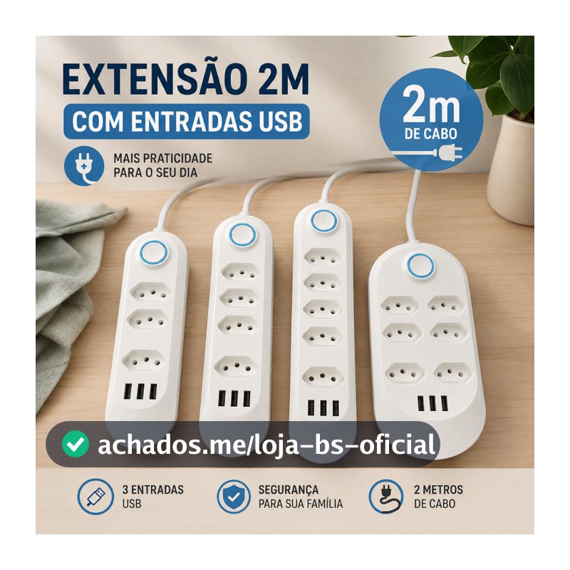 Cabo de extensão de energia de 2 m com 6 soquetes e 3 entradas USB, botão de tomada de energia - Venda
