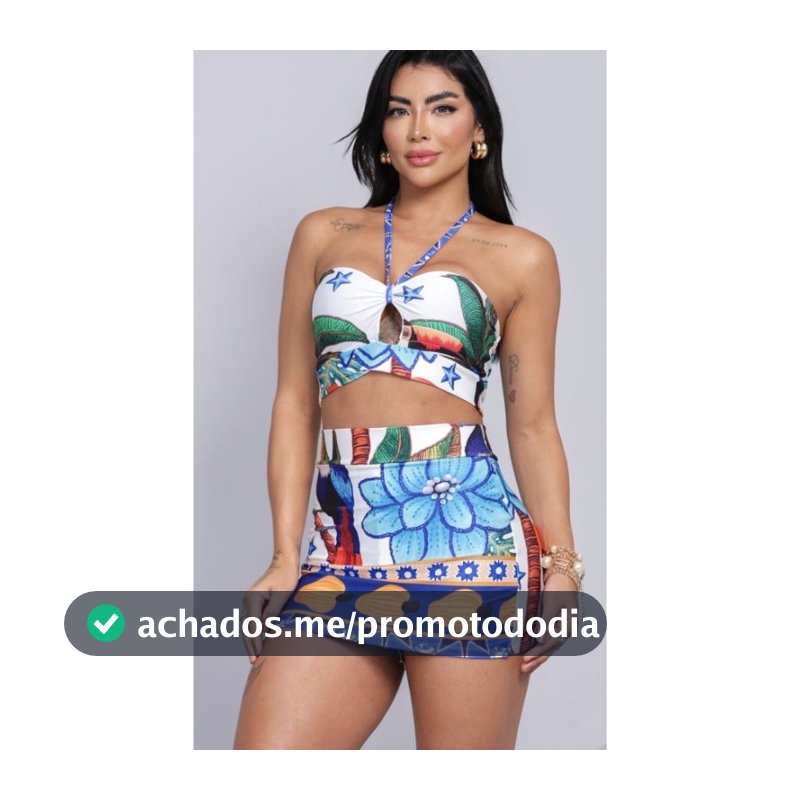 Conjunto Feminino Paradise Short Saia e Cropped Com Estampas Tropicais do Verão