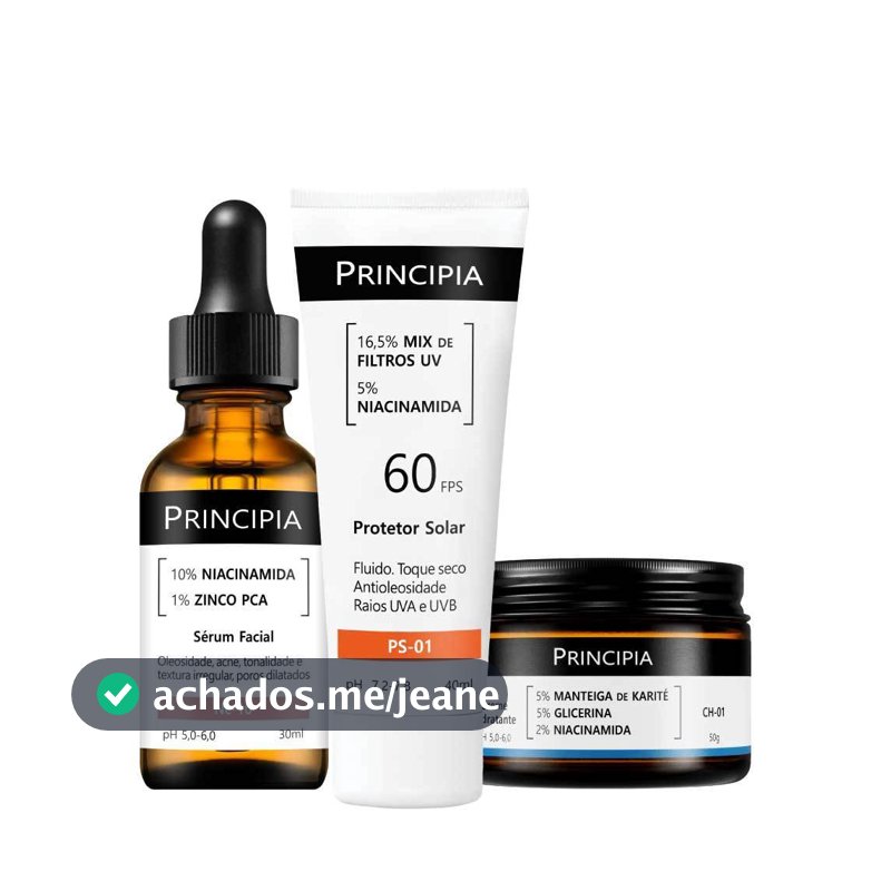 Principia Kit Uniformiza, Hidrata e Protege c/ Sérum Niacinamida NC-10 + Hidratante CH-01 + Protetor Solar PS-01 FPS 60