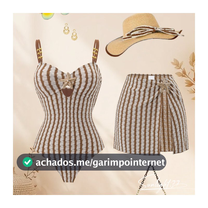 Maiô feminino listrado marrom elegante, estilo boêmio e sensual + saia curta de praia, roupa de banho para férias na pra