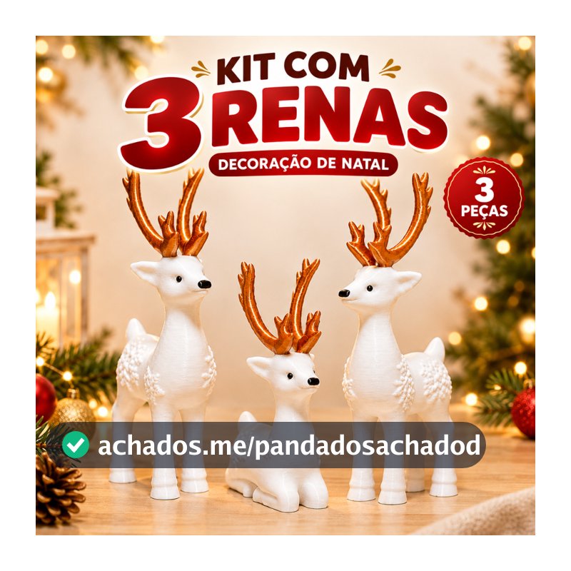 Kit com 3 Renas Decoração de Natal 3 Peças Bonecos Rena Branca para Mesa