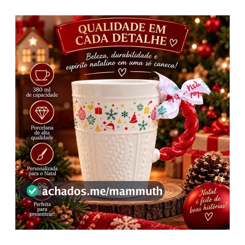 Caneca de Natal 380ml em Porcelana com Alça Vermelha | Caneca Natalina Decorada para Presente
