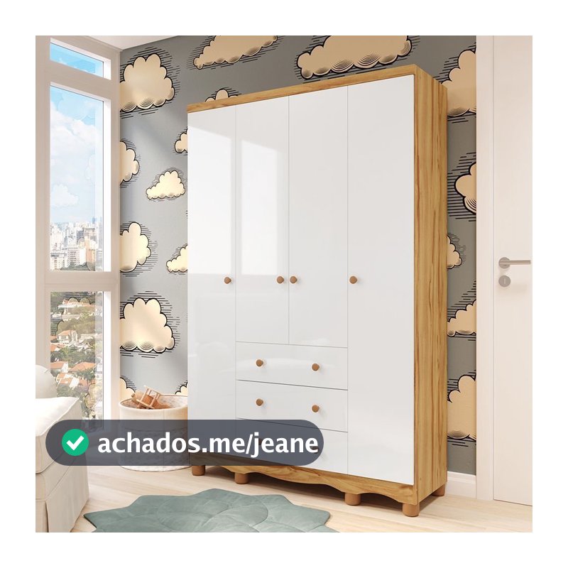 Guarda-Roupa Infantil 4 Portas e 3 Gavetas 100% MDF Mimo Branco Brilho/Amêndoa Branco Brilho/Amêndoa