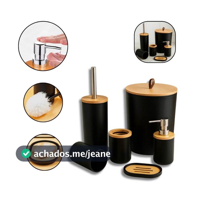 Kit Banheiro com Tampa de Bambu – Lixeira, Dispenser, Escova e Porta Escova Premium