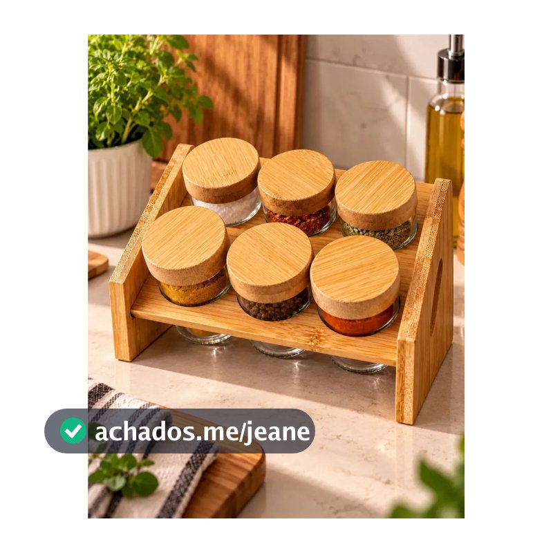 Conjunto Kit Porta Temperos 6 Potes Vidro com Tampa de Bambu e Dosador Suporte Organizador de Temperos Porta Condimentos