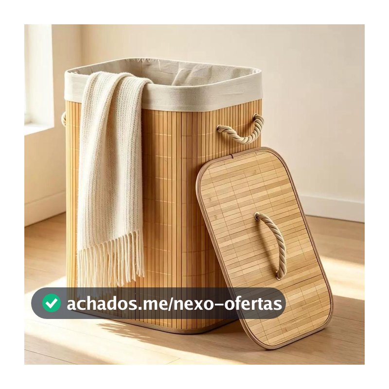Cesto de Roupa Suja Bambu Retangular 72L Com Tampa Alças Forrado Organizador Banheiro Lavanderia Multiuso