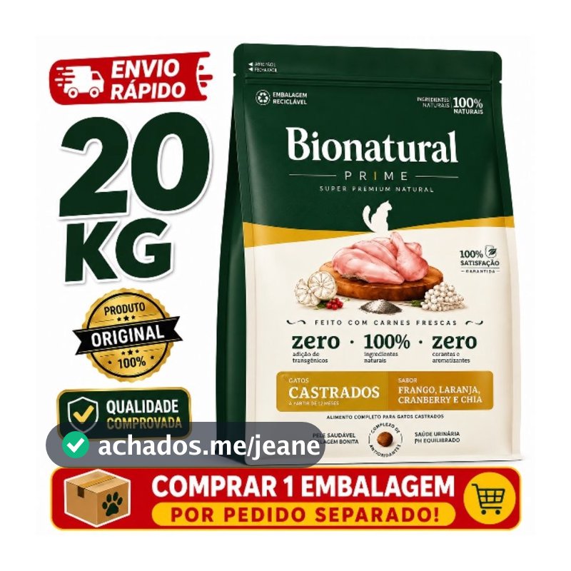 Ração Bionatural Prime Super Premium Gatos Castrados 20kg Frango Original Envio Rápido