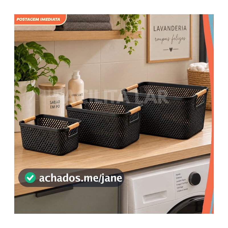Kit Cesto organizador com alças em bambu – Multiuso para casa, banheiro, lavanderia e escritório