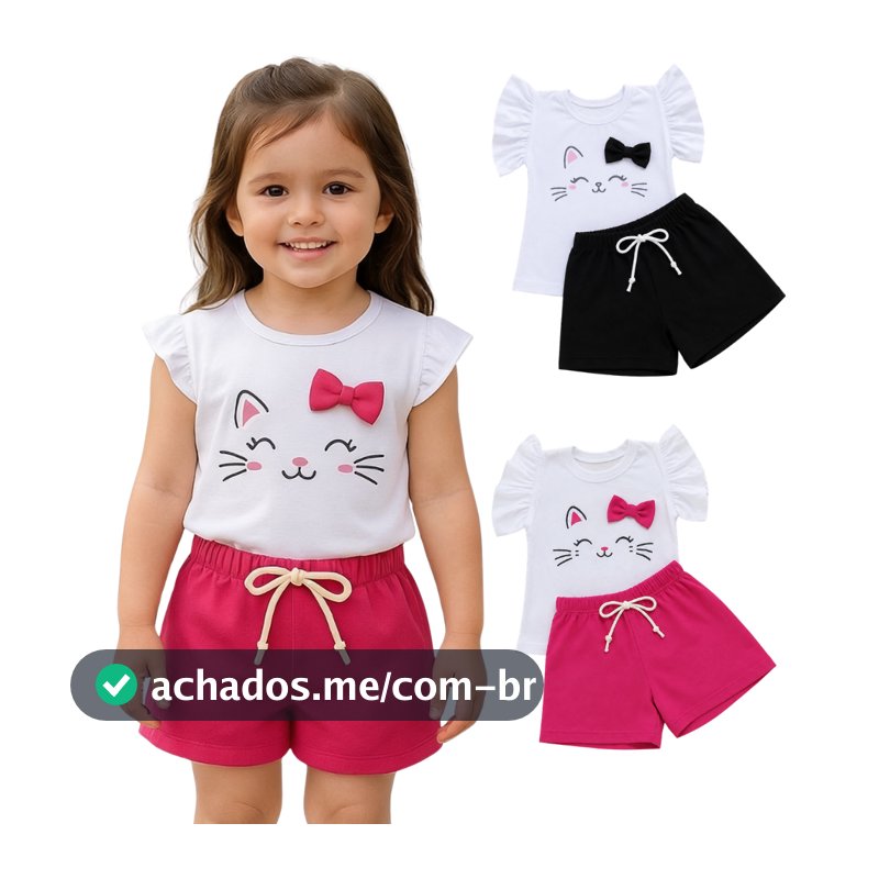 Conjunto Gatinha Infantil Menina Short Rosa Pink E Blusa Estampada Confortável Bebê Delicado Fashion