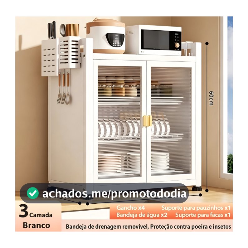 Armario Escorredor de Bancada 3Andares de Loucas Pratos Talheres Organizador de Cozinha com 2 Portas