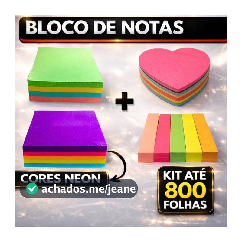 Kit Até 800 Folhas Bloco de Notas Adesivo 50x50mm ou 76x76mm Colorido Pastel Neon Coração Sticks