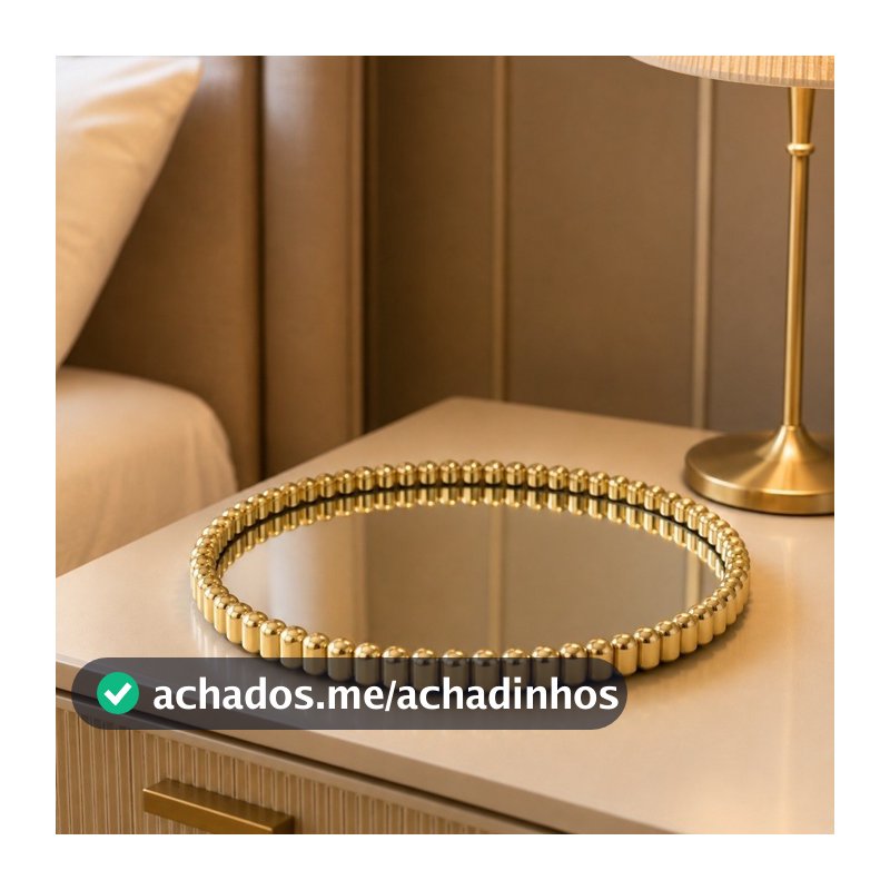 Bandeja Espelhada Dourada 22cm Redonda Decorativa Luxo para Perfumes Maquiagem Joias