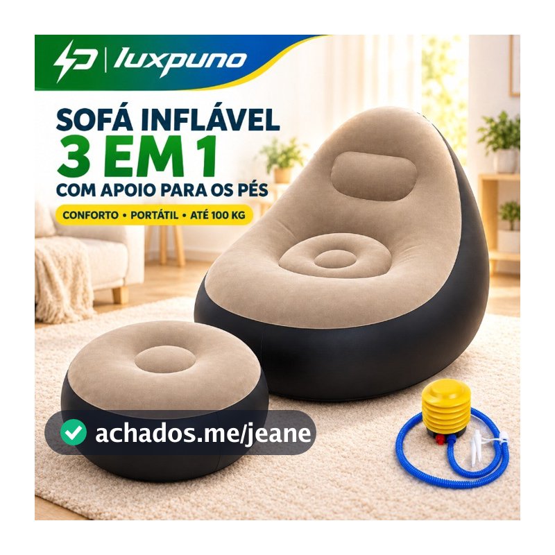 Sofá Inflável Portátil Ultra Lounge Conjunto Poltrona e Puff com Bomba Dobrável Camping Praia Casa PVC Flocado Multiuso