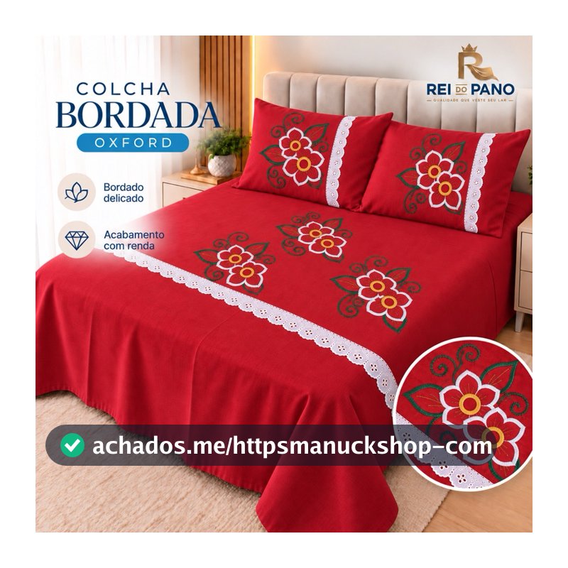 Kit Colcha Bordada Oxford Casal Queen 3 Peças 2 Porta Travesseiros Linha Premium Luxo