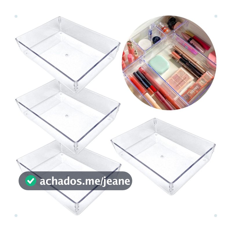 Kit 4 Organizadores Multiuso Acrílico Cristal Quadrado para Gavetas e Armários