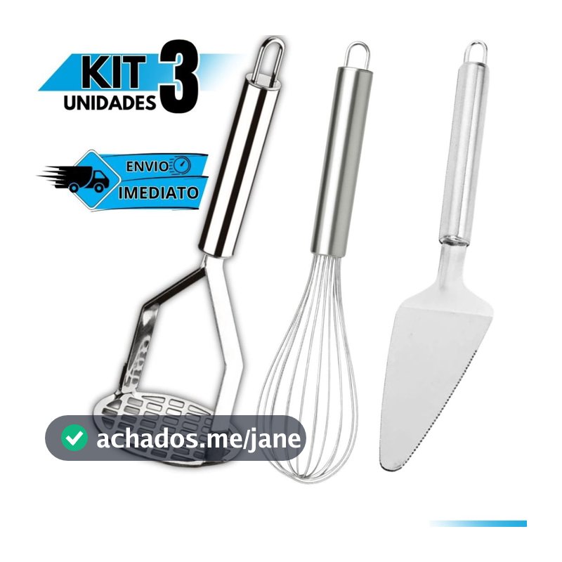 Kit Cozinha 3 Peças: Amassador de Batatas Inox + Fouet + Espátula de Bolo Utensílios Domésticos