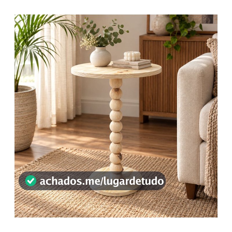 Mesa de apoio, mesa lateral em madeira pinus com haste torneada em esferas - bolinhas