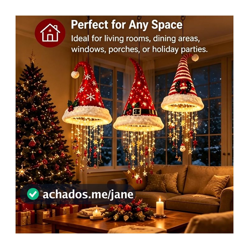 Luz de Natal pendente em forma de chapéu de Natal com enfeites.