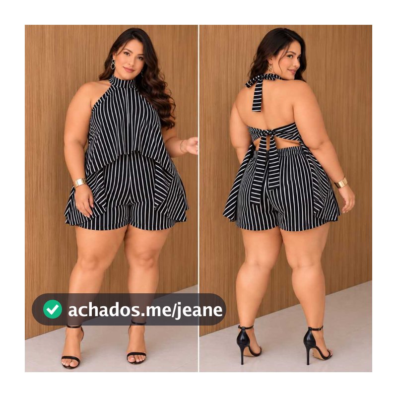 Macaquinho Plus Size Listrado Feminino | Disfarça Barriga | Soltinho | Costas Abertas