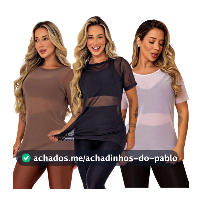 Kit 2 Blusa Blogueira Feminina Transparente Tule Manga Curta Camiseta Academia Fitness Musculação