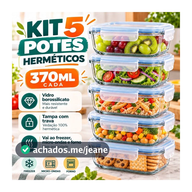 Kit 5 potes Herméticos de Vidro Borossilicato 370ml com Tampa e Travas