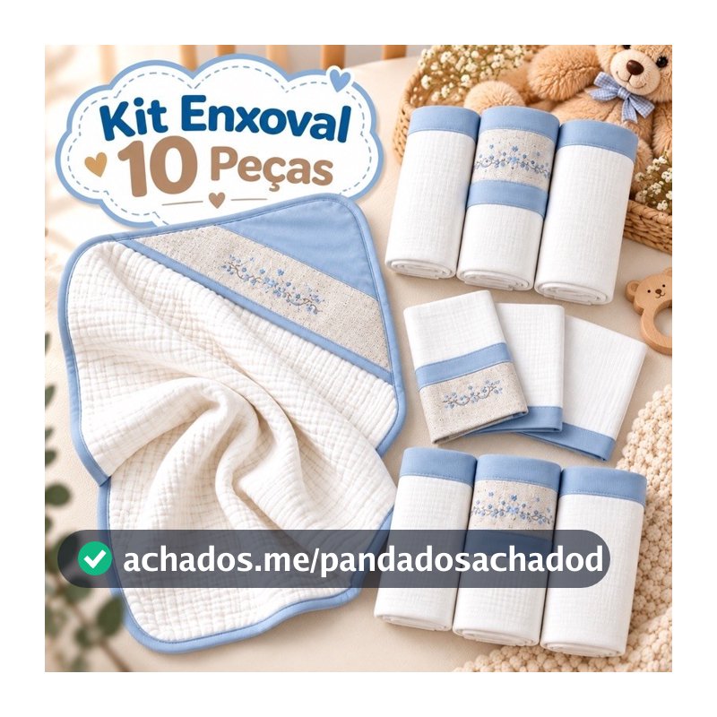Kit Enxoval Bebê 10 Peças 100% Algodão Menino Menina Toalha Capuz Cueiros Fraldas Paninhos