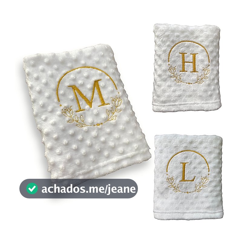 Manta Cobertor Bebê RN Microfibra Personalizado com Inicial Letra Dourada Bordado Menino Menina