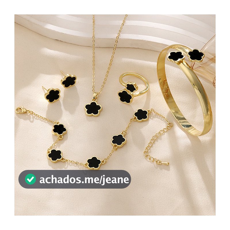 Moda 5 Pçs/Set 18K Ouro Preto Trevo Folha Flor Sorte Pulseira Colar Anel Brincos Conjuntos Para Jóias Femininas