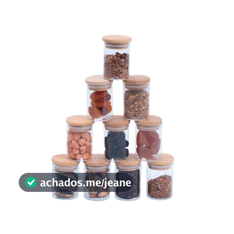 Kit 10 potes de vidro herméticos com tampa de bambu 110ml - Oikos