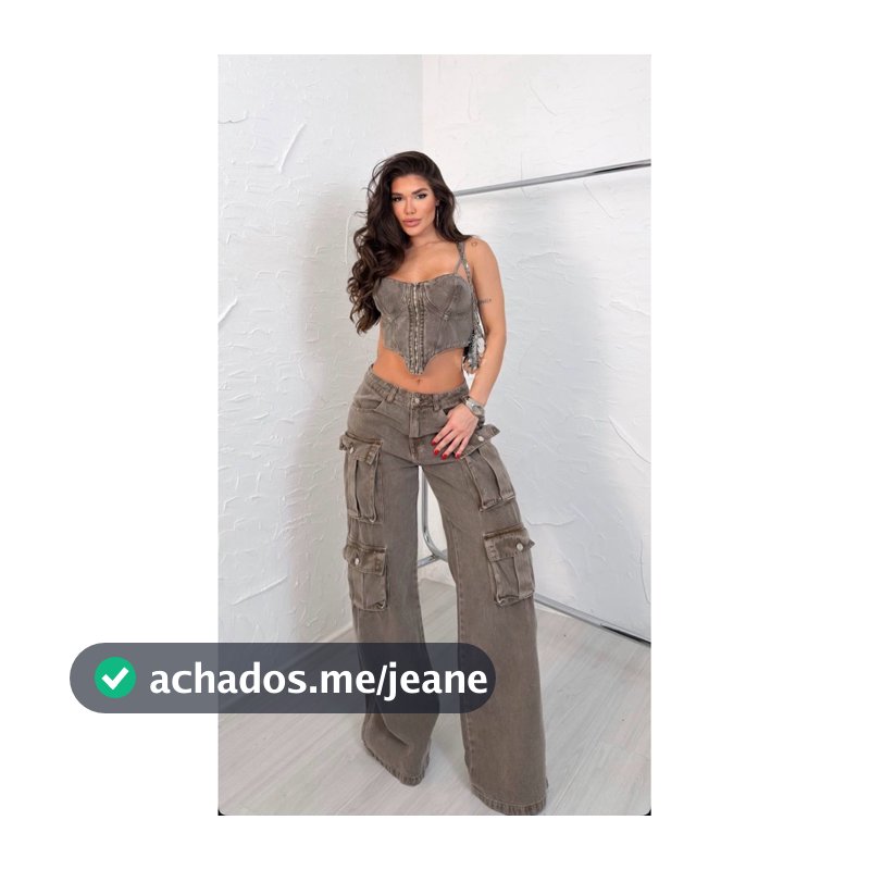 Conjunto feminino jeans Virgínia calça cargo 4 bolsos + cropped zíper marrom  estonado- Glitter jeans