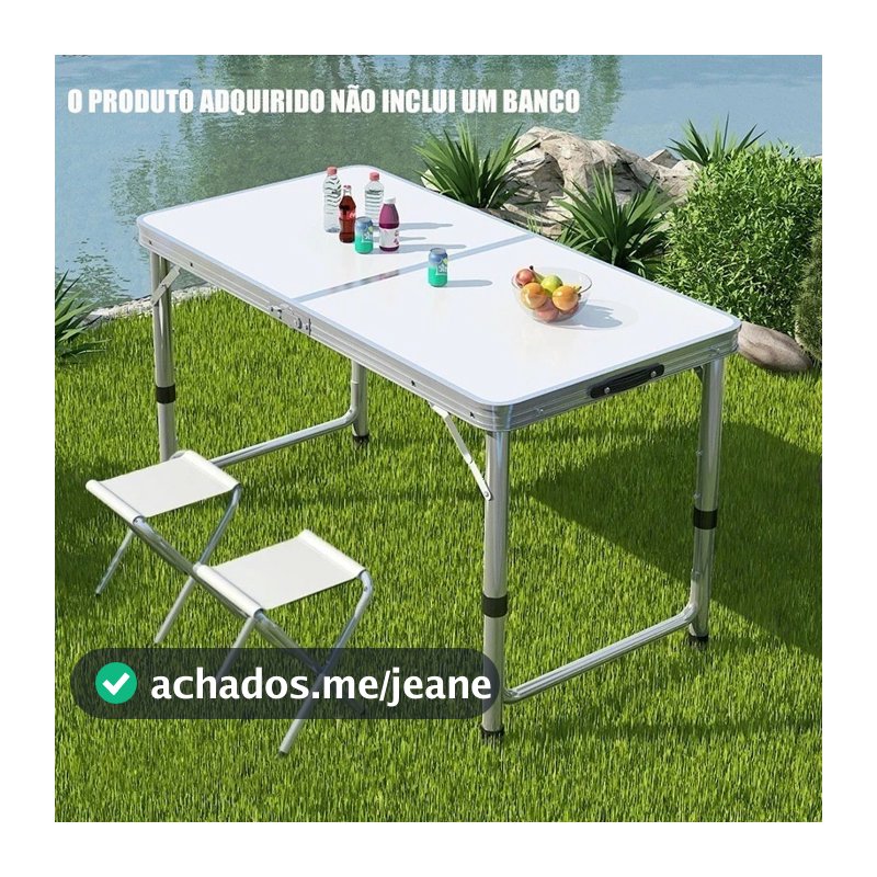 Kit Mesa Dobrável Portátil Vira Maleta Camping Churrasco 90X60cm com 2 Banquinhos Dobráveis Brancos