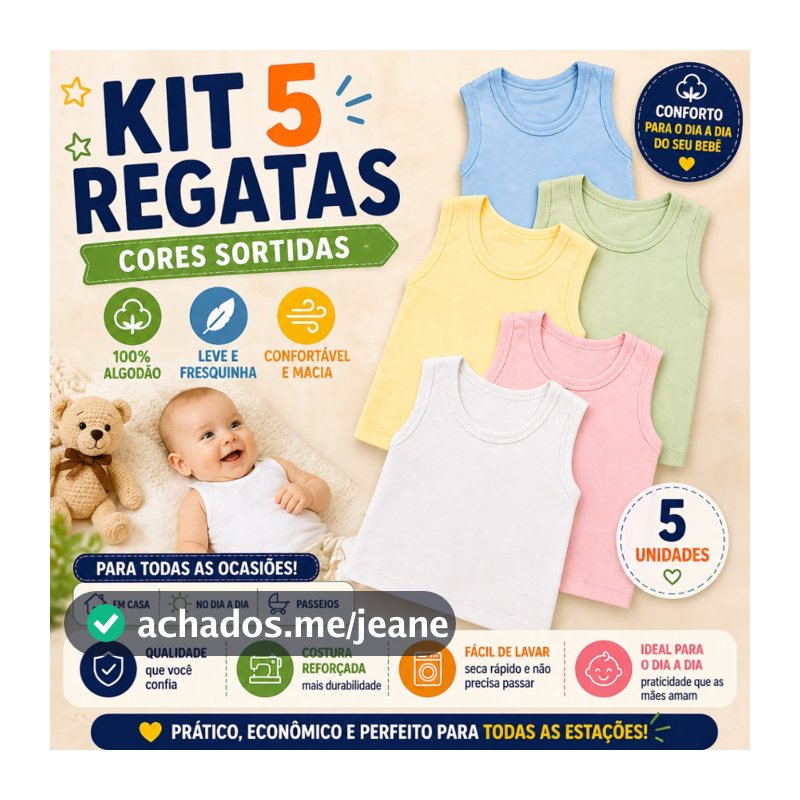 Kit 5 Camisetas Regata Bebê Menino Menina