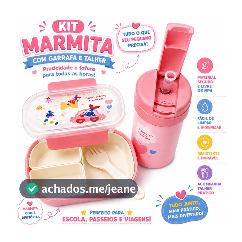 Kit Marmita Infantil com Copo 250ml Canudo e Cordinha Talher e 3 Divisórias Removíveis Escolar Fácil