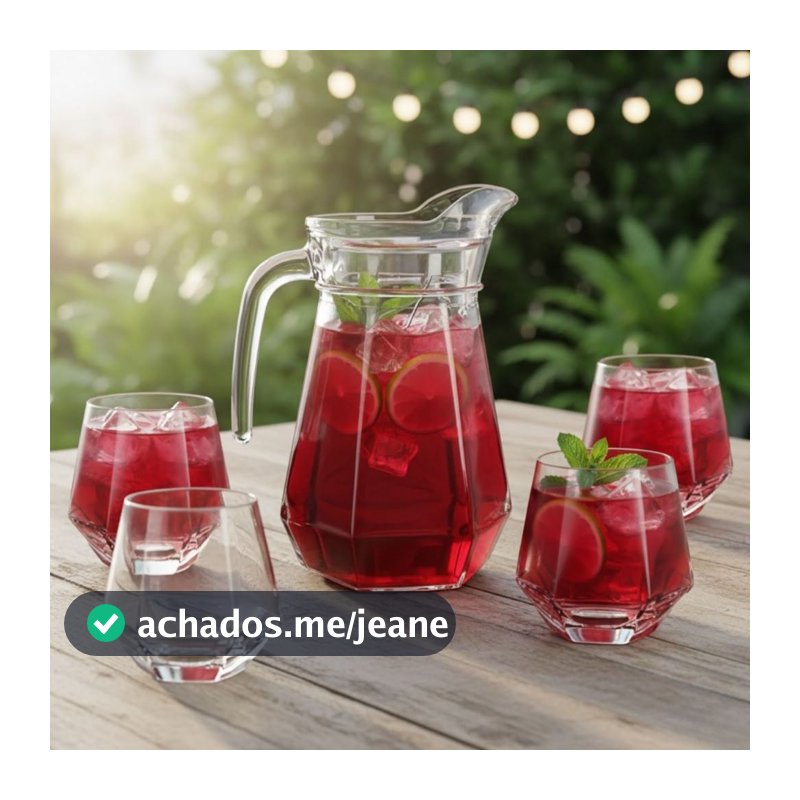 Jarra de Vidro com Tampa + 4 Copos Luxo Cozinha 1L e 260ML Agua Suco Mesa Posta Diamond Kit Conjunto