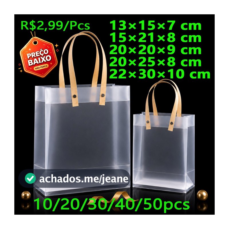 Kit10/20/30 Sacolas de Presentes Transparente Fosca Reforçada PP com Alça Fibra Adequado para Lanches Artesanais Bebidas