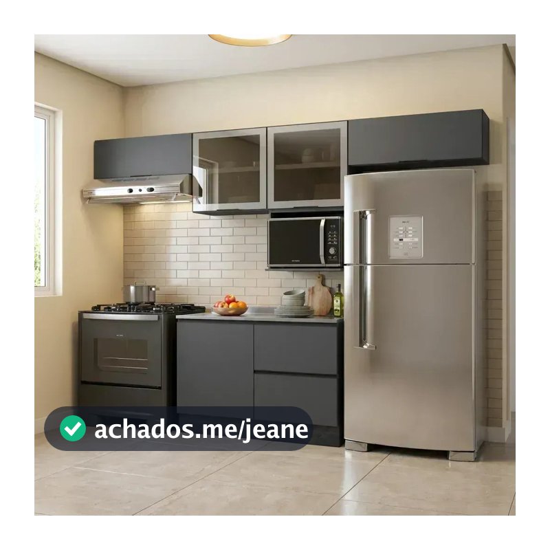 Cozinha Completa Modulada 5 Peças com Nicho para Micro-Ondas e Balcão para Pia sem Tampo Etna Grafite/Preto Grafite
