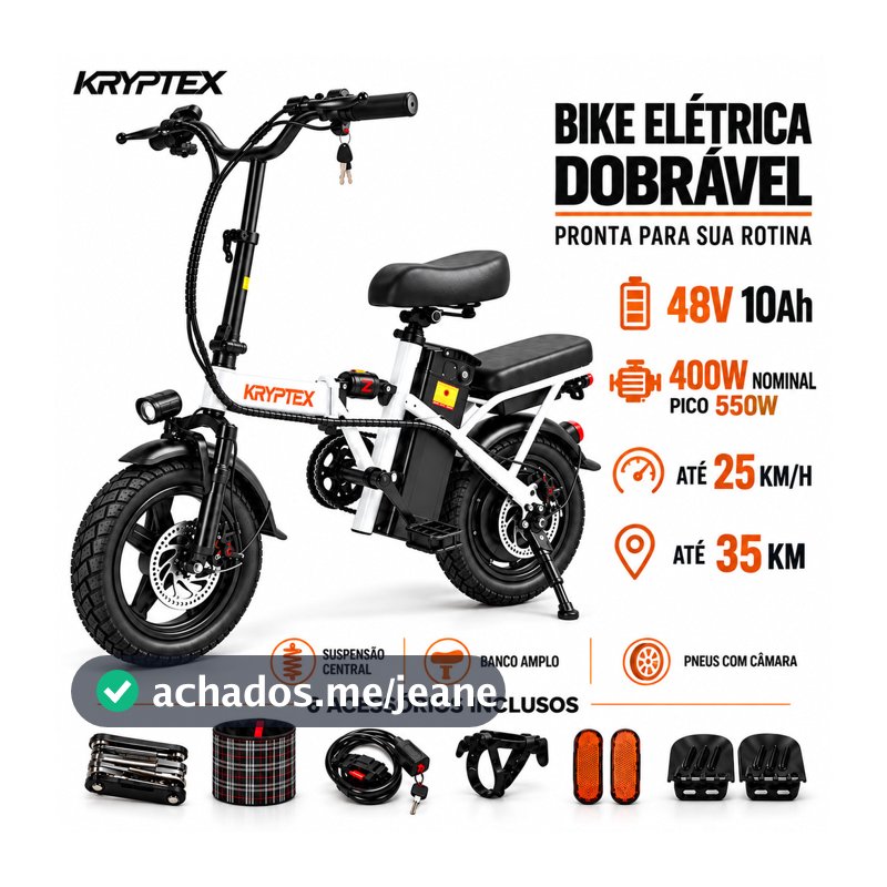 Bicicleta Elétrica KRYPTEX 400W Dobrável com Bateria Removível 48V Suspensão Banco Traseiro Para Adulto