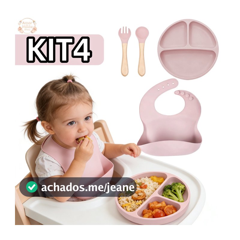 4 pçs Kit Prato com Talher Silicone Introdução Alimentar Bebê