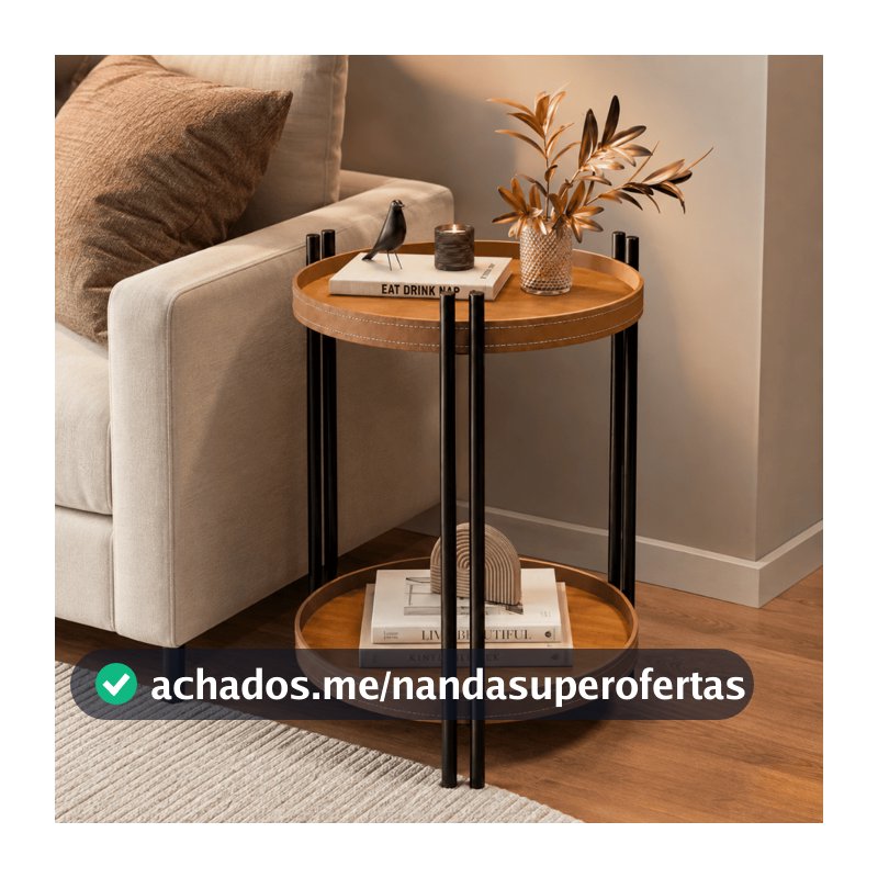 Mesa de Apoio Lateral Manhattan Redonda com Tampo Duplo Pés em Metal Acabamento em Couro